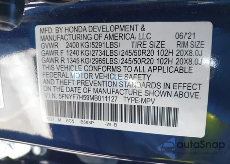 2021 Honda Passport 2Wd Ex-L from USA, damaged, VIN 5FNYF7H59MB011127